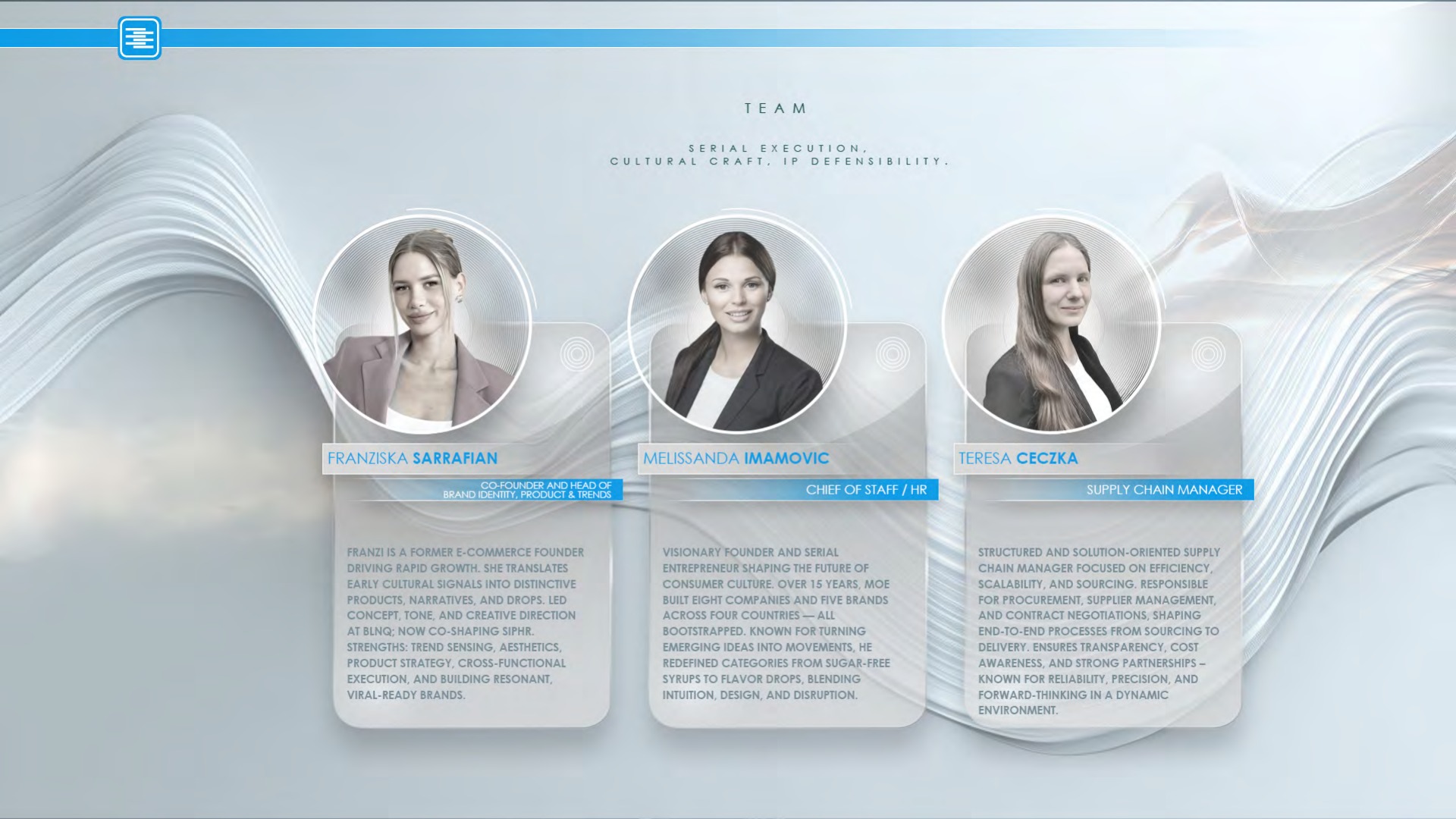 SIPHR team slide with founder, chief of staff and supply-chain lead